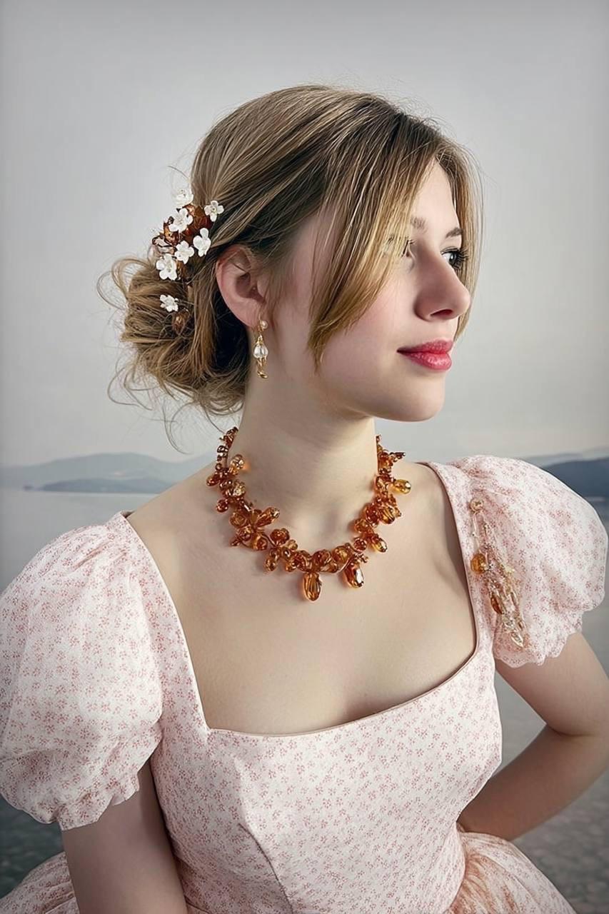 Amber necklace and hair ornaments presented on a model